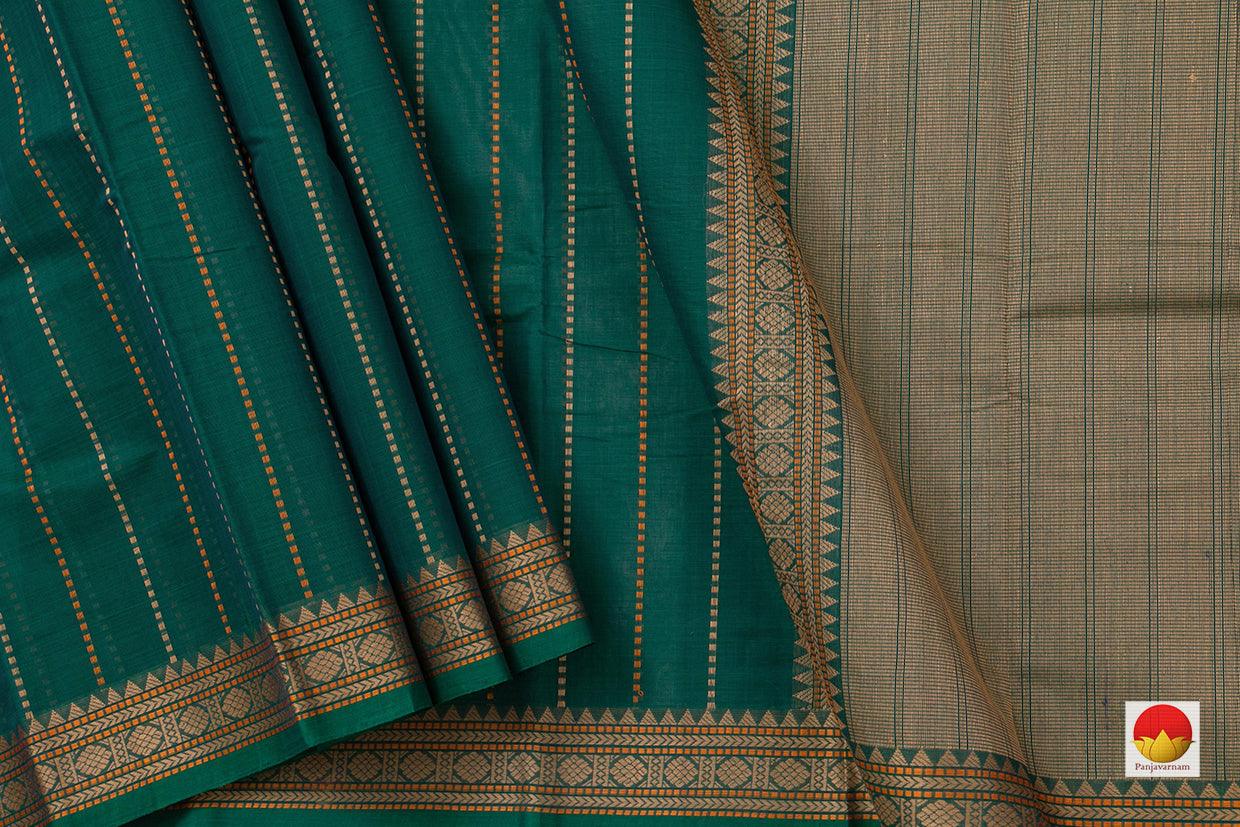 Green Kanchi Cotton Saree With Vertical Stripes For Office Wear PV KC 386 - Cotton Saree - Panjavarnam PV KC 386