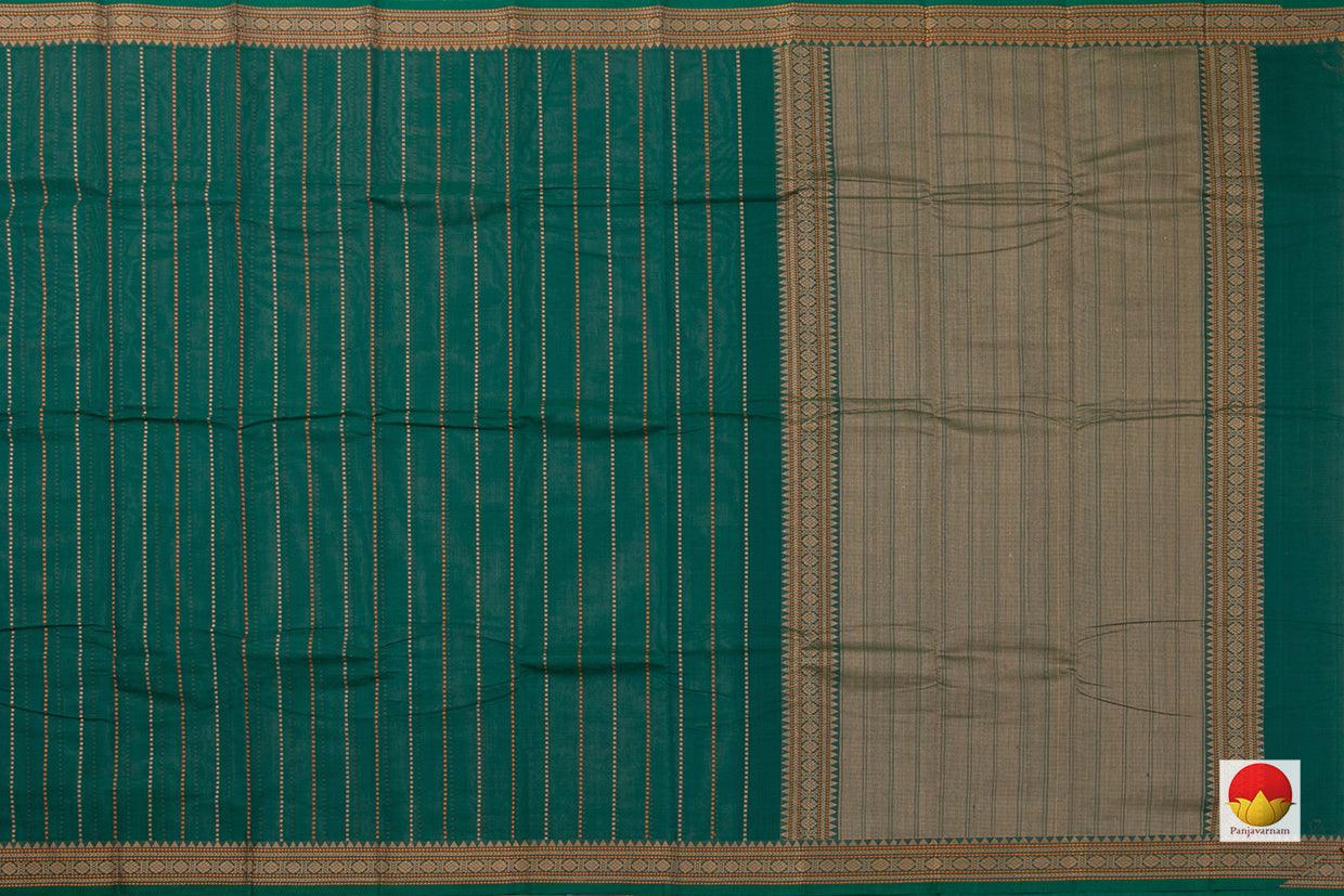 Green Kanchi Cotton Saree With Vertical Stripes For Office Wear PV KC 386 - Cotton Saree - Panjavarnam PV KC 386