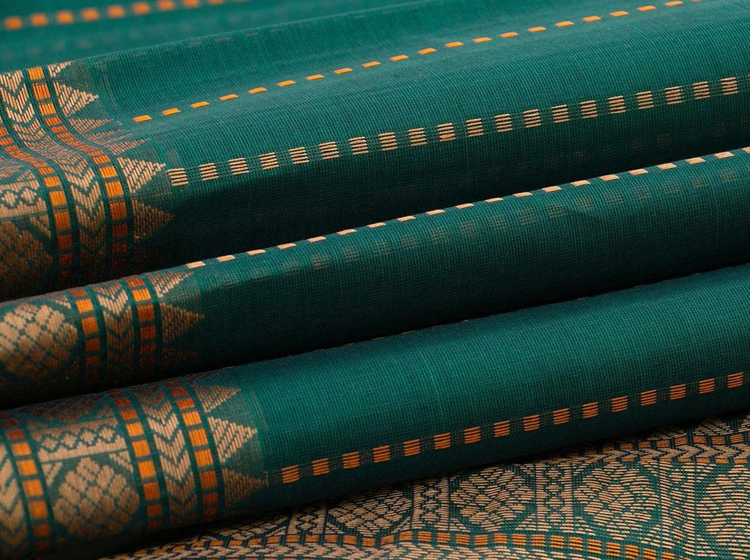 Green Kanchi Cotton Saree With Vertical Stripes For Office Wear PV KC 386 - Cotton Saree - Panjavarnam PV KC 386