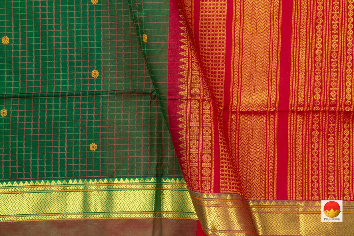 Green Kanchi Silk Cotton Saree With Gold Zari And Silk Thread Work Handwoven For Festive Wear PV KSC 1208 - Silk Cotton - Panjavarnam