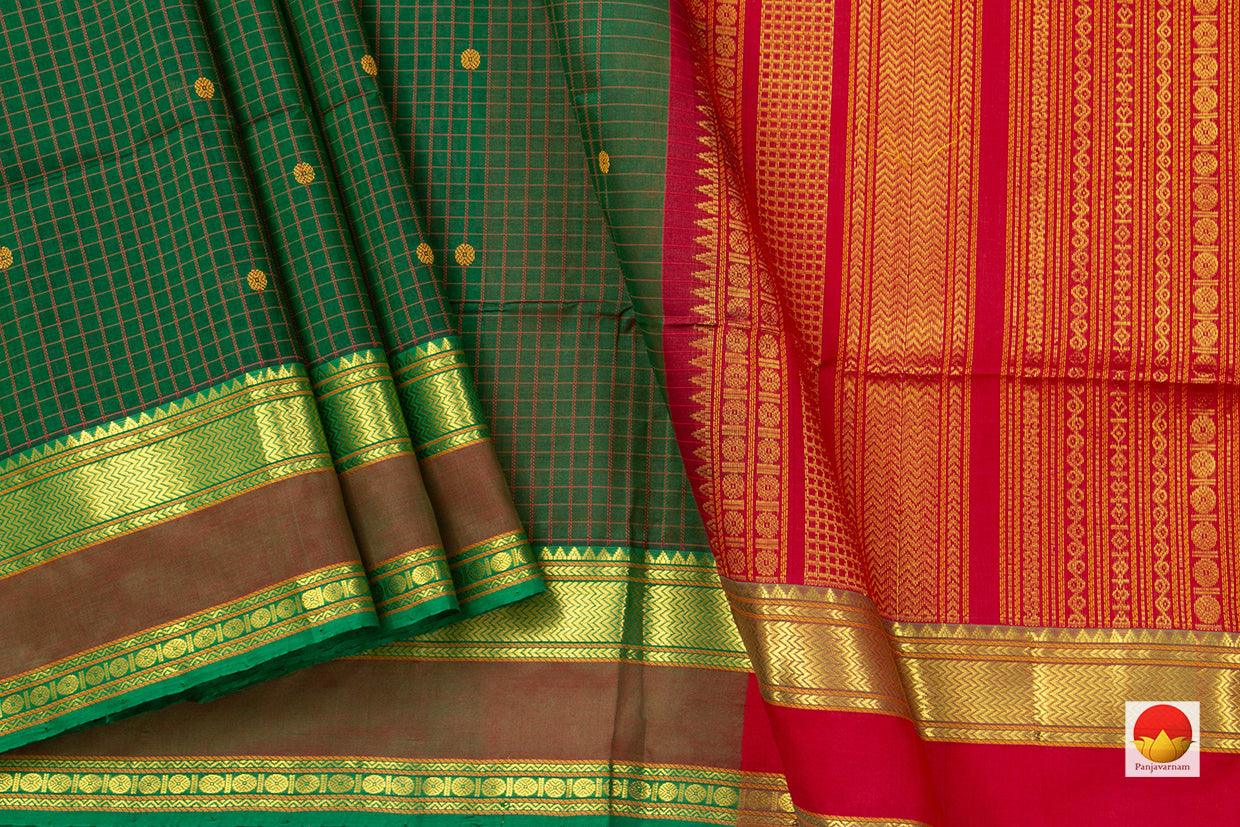 Green Kanchi Silk Cotton Saree With Gold Zari And Silk Thread Work Handwoven For Festive Wear PV KSC 1208 - Silk Cotton - Panjavarnam PV KSC 1208