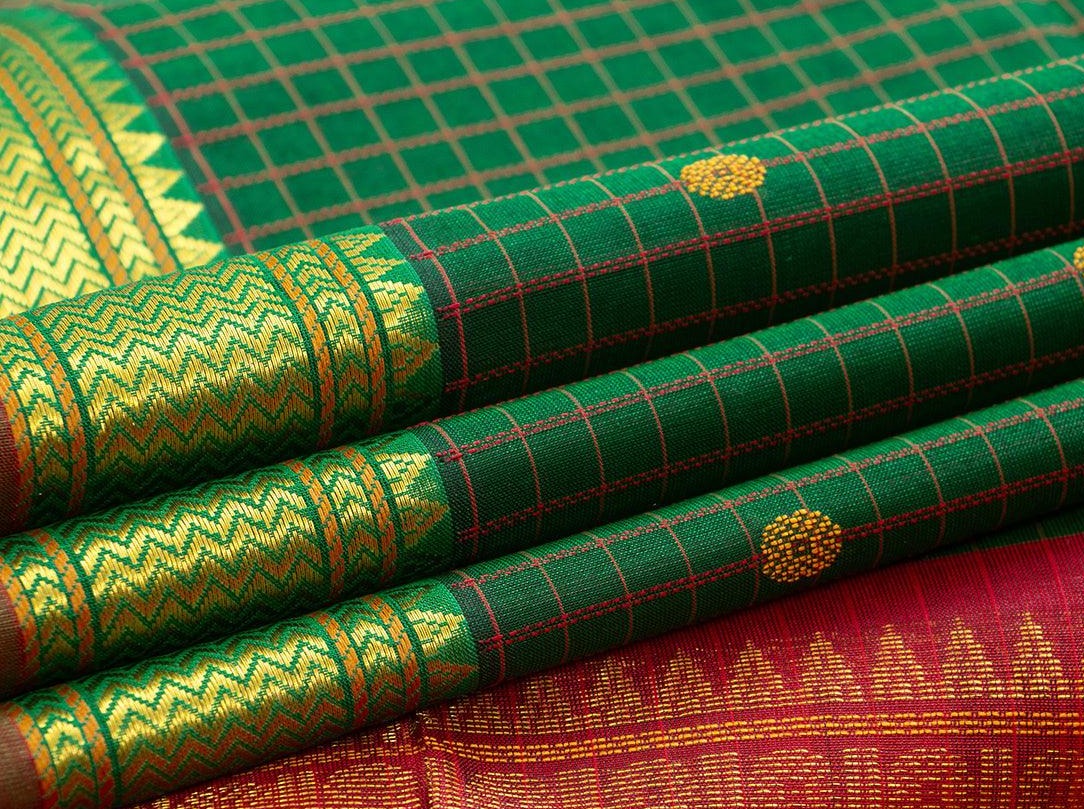 Green Kanchi Silk Cotton Saree With Gold Zari And Silk Thread Work Handwoven For Festive Wear PV KSC 1208 - Silk Cotton - Panjavarnam PV KSC 1208