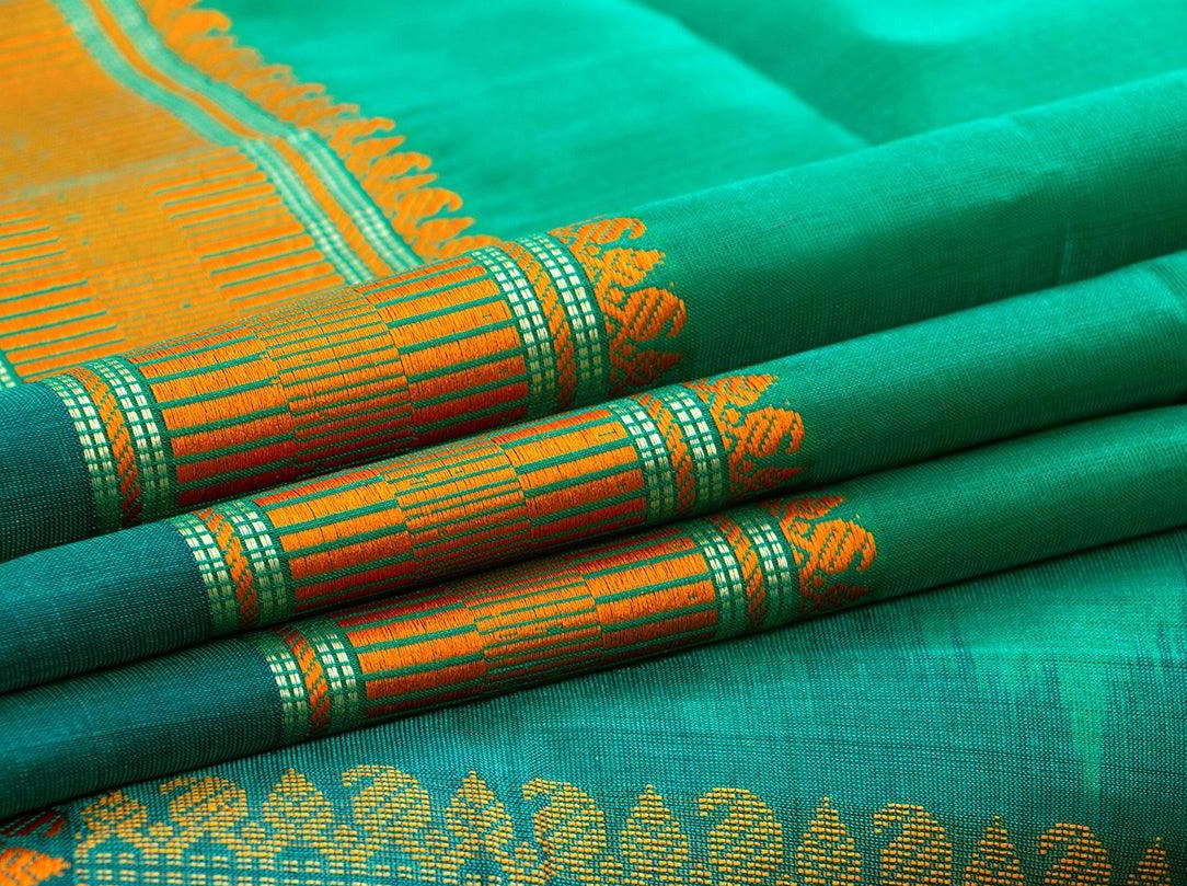 Green Kanchi Silk Cotton Saree With Orange Silk Thread Work Handwoven For Office Wear PV KSC 1216 - Silk Cotton - Panjavarnam