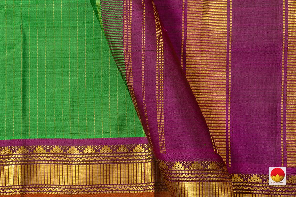 Green Kanchipuram Silk Saree Mustard Checks And Magenta Contrast Korvai Border Handwoven Pure Silk Pure Zari For Festive Wear - PV J 3488 - Silk Sari - Panjavarnam