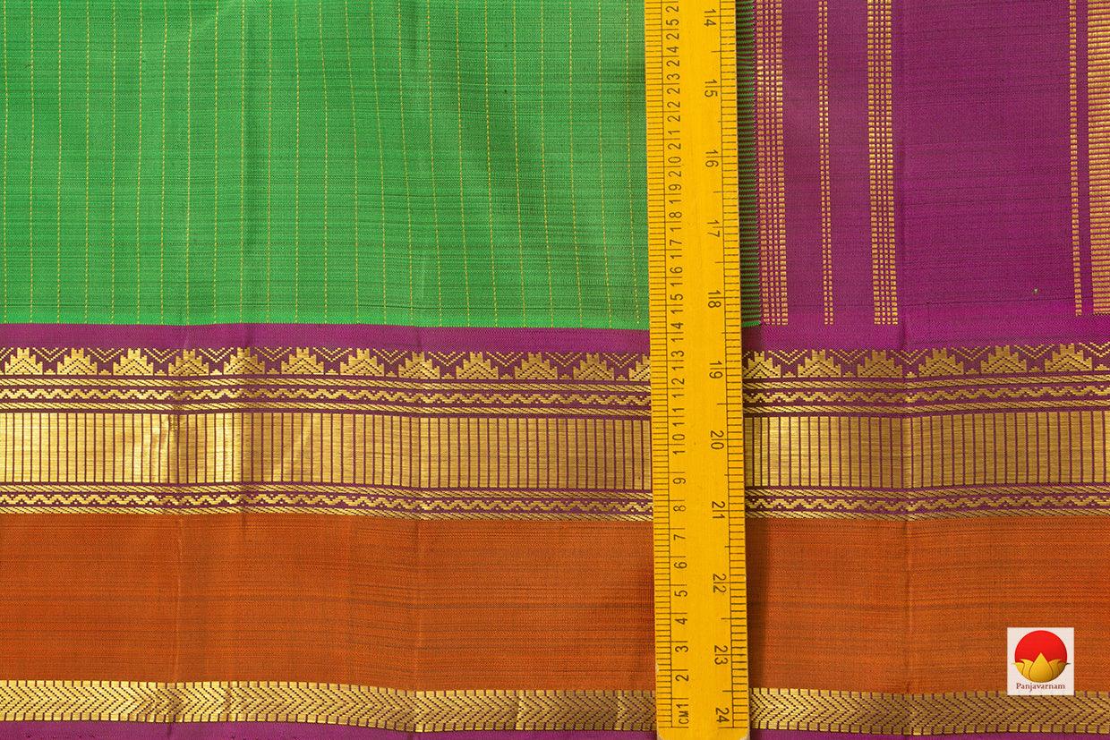 Green Kanchipuram Silk Saree Mustard Checks And Magenta Contrast Korvai Border Handwoven Pure Silk Pure Zari For Festive Wear - PV J 3488 - Silk Sari - Panjavarnam