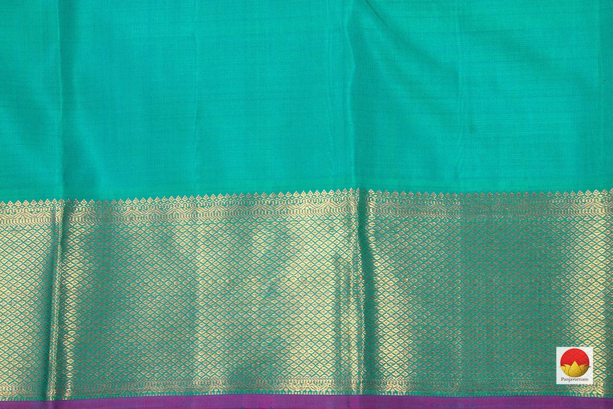 Green Kanchipuram Silk Saree With A Korvai Turquoise Blue Border Handwoven Pure Silk Pure Zari For Festive Wear PV J 850 - Silk Sari - Panjavarnam