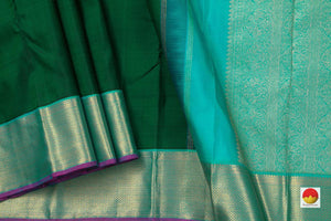 Green Kanchipuram Silk Saree With A Korvai Turquoise Blue Border Handwoven Pure Silk Pure Zari For Festive Wear PV J 850 - Silk Sari - Panjavarnam PV J 850