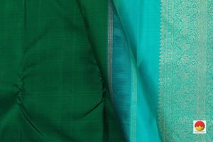 Green Kanchipuram Silk Saree With A Korvai Turquoise Blue Border Handwoven Pure Silk Pure Zari For Festive Wear PV J 850 - Silk Sari - Panjavarnam PV J 850