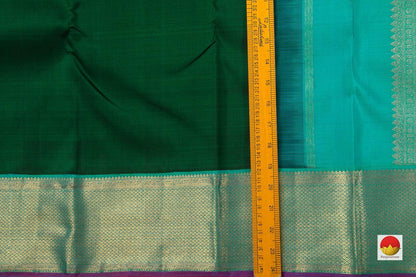 Green Kanchipuram Silk Saree With A Korvai Turquoise Blue Border Handwoven Pure Silk Pure Zari For Festive Wear PV J 850 - Silk Sari - Panjavarnam PV J 850