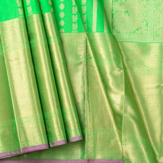 Green Kanchipuram Silk Saree With Long Border For Bridal Wear PV NYC 1451 - Silk Sari - Panjavarnam PV NYC 1451