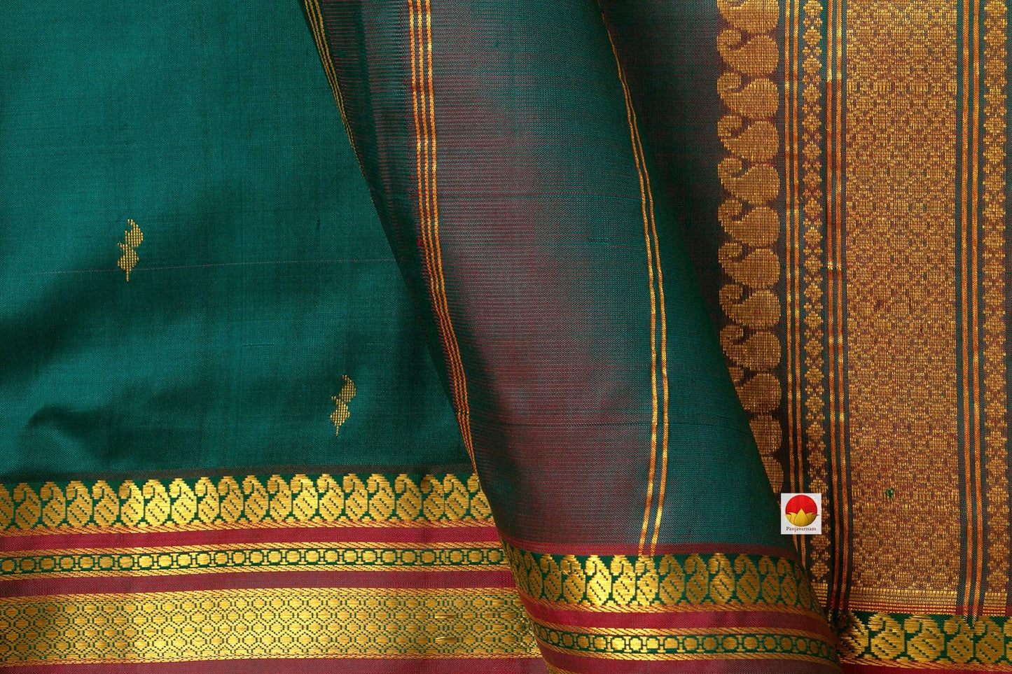 Green Kanchipuram Silk Saree With Maroon Border Handwoven Pure Silk Pure Zari For Office Wear PV ABI 1218 - Silk Sari - Panjavarnam PV ABI 1218