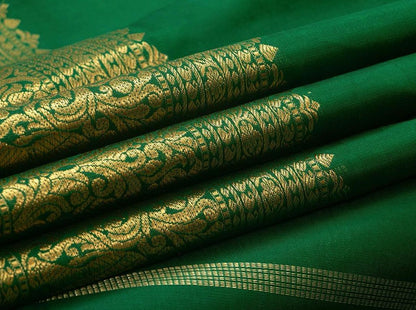Green Kanchipuram Silk Saree With Morning Evening Border Handwoven Pure Silk Pure Zari For Wedding Wear PV NYC 779 - Silk Sari - Panjavarnam PV NYC 779
