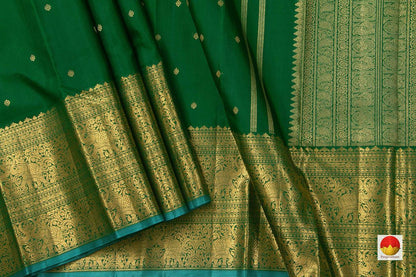 Green Kanchipuram Silk Saree With Morning Evening Border Handwoven Pure Silk Pure Zari For Wedding Wear PV NYC 779 - Silk Sari - Panjavarnam PV NYC 779
