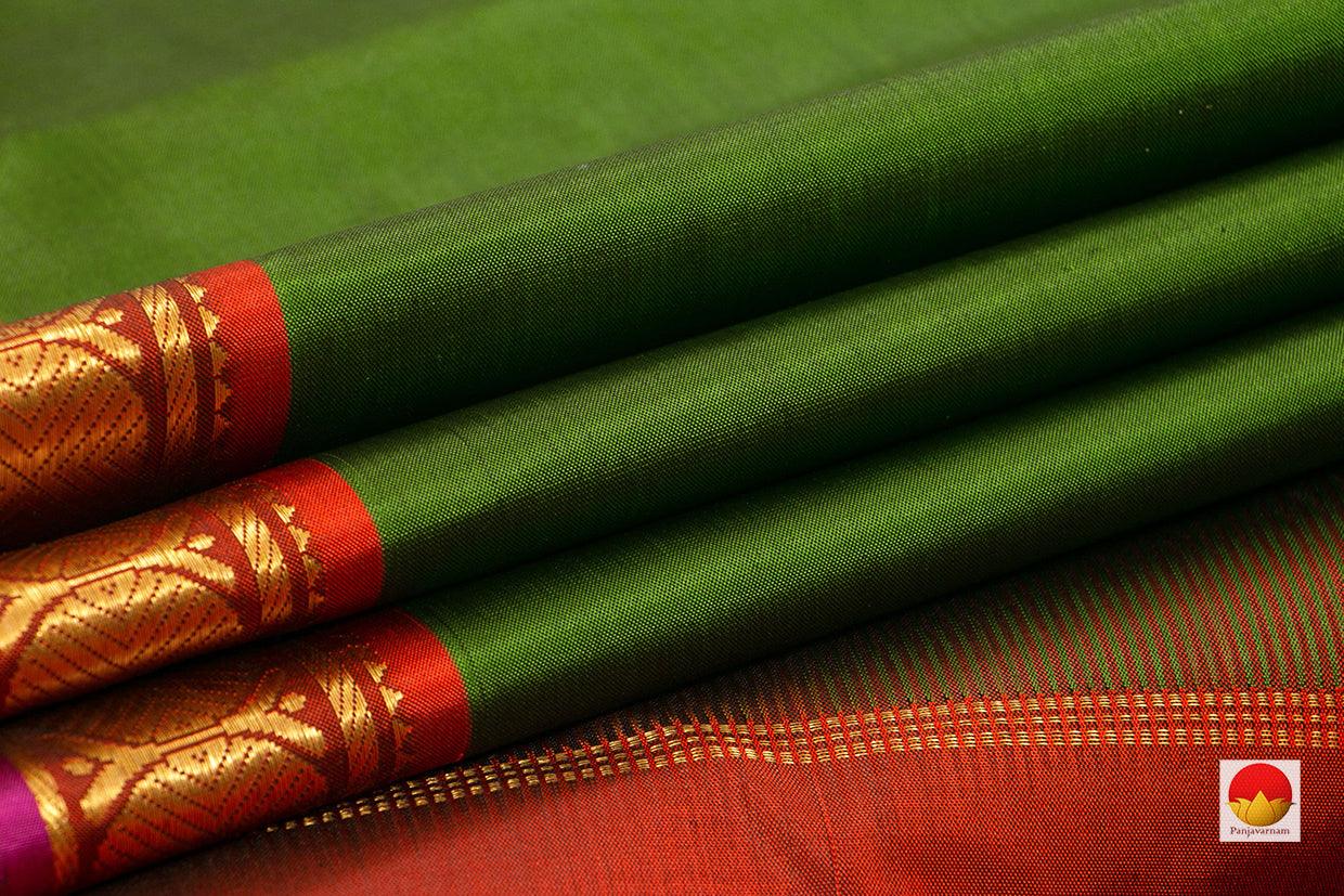 Green Kanchipuram Silk Saree With Rust Orange Border Handwoven Pure Silk Pure Zari For Festive Wear PV J 5965 - Silk Sari - Panjavarnam