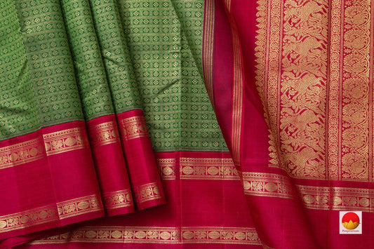 Green Kanchipuram Silk Saree With Zari Checks And Red Korvai Rettai Pettu Border Handwoven Pure Silk Pure Zari For Bridal Wear PV NYC 958 - Silk Sari - Panjavarnam