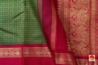 Green Kanchipuram Silk Saree With Zari Checks And Red Korvai Rettai Pettu Border Handwoven Pure Silk Pure Zari For Bridal Wear PV NYC 958 - Silk Sari - Panjavarnam