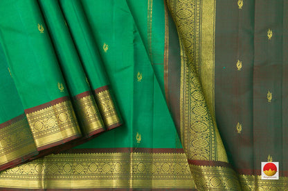 Green Light Weight Kanchipuram Silk Saree With Peacock Motifs Handwoven Pure Silk Pure Zari For Festive Wear PV ABI 1237 - Silk Sari - Panjavarnam PV ABI 1237