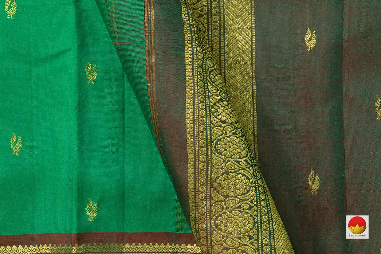 Green Light Weight Kanchipuram Silk Saree With Peacock Motifs Handwoven Pure Silk Pure Zari For Festive Wear PV ABI 1237 - Silk Sari - Panjavarnam PV ABI 1237