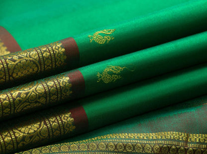 Green Light Weight Kanchipuram Silk Saree With Peacock Motifs Handwoven Pure Silk Pure Zari For Festive Wear PV ABI 1237 - Silk Sari - Panjavarnam PV ABI 1237