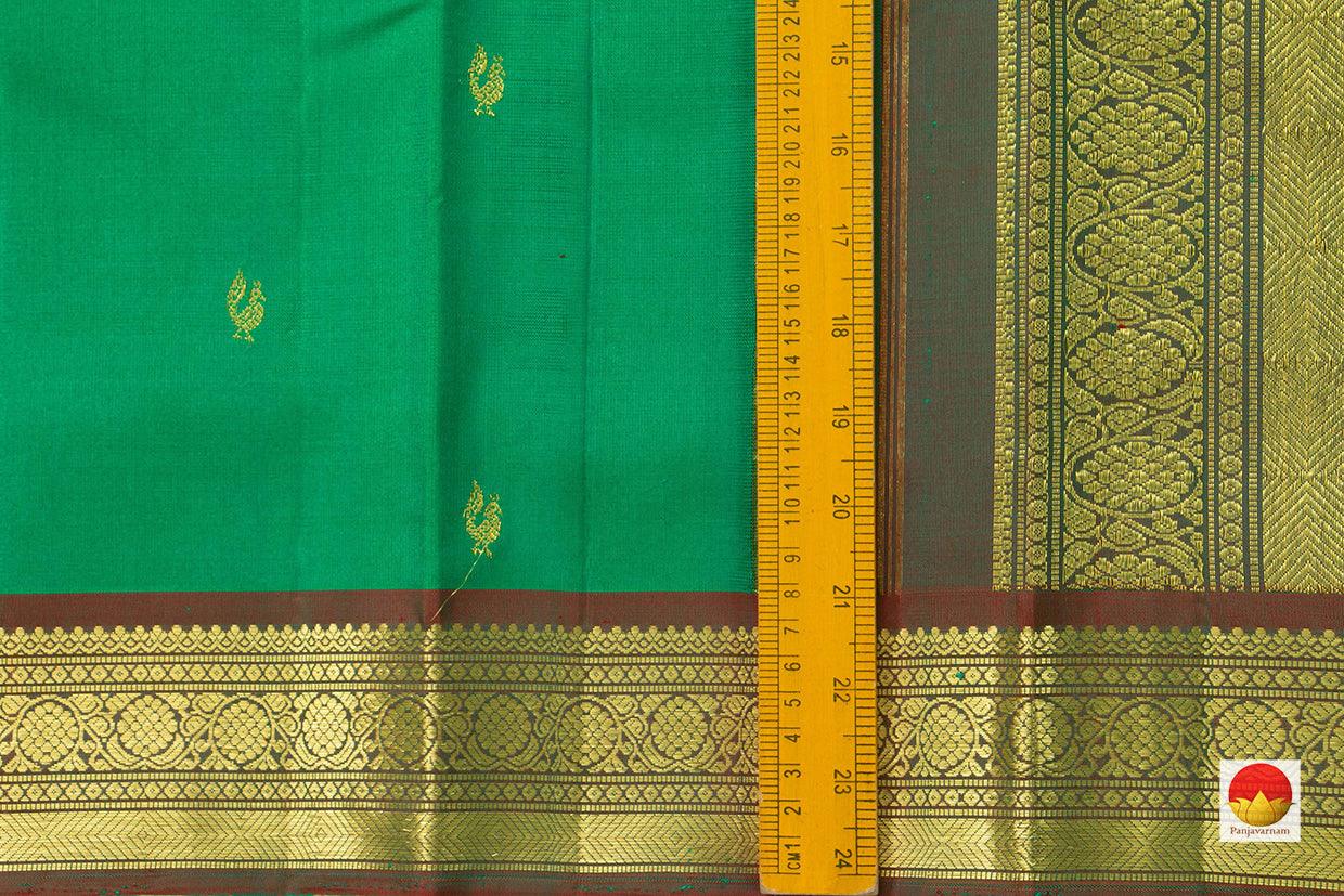 Green Light Weight Kanchipuram Silk Saree With Peacock Motifs Handwoven Pure Silk Pure Zari For Festive Wear PV ABI 1237 - Silk Sari - Panjavarnam PV ABI 1237