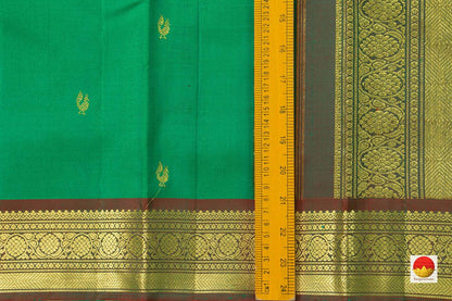 Green Light Weight Kanchipuram Silk Saree With Peacock Motifs Handwoven Pure Silk Pure Zari For Festive Wear PV ABI 1237 - Silk Sari - Panjavarnam PV ABI 1237