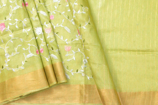 Green Linen Saree With Embroidery And Gold Zari Border PL 2053 - Linen Sari - Panjavarnam