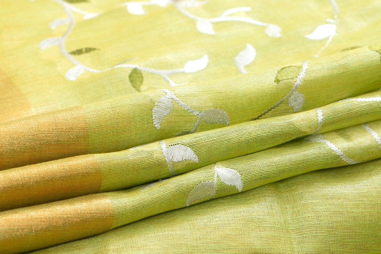 Green Linen Saree With Embroidery And Gold Zari Border PL 2053 - Linen Sari - Panjavarnam