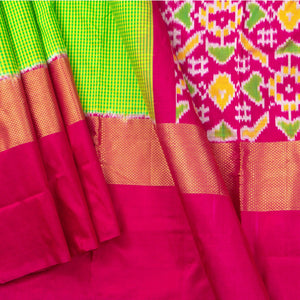 Green Pochampally Silk Saree With Pink Zari Border Handwoven Ikkat Pure Silk For Office Wear PIK 309 A - Pochampally Silk - Panjavarnam PIK 309 A