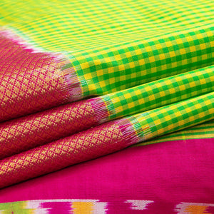 Green Pochampally Silk Saree With Pink Zari Border Handwoven Ikkat Pure Silk For Office Wear PIK 309 A - Pochampally Silk - Panjavarnam PIK 309 A