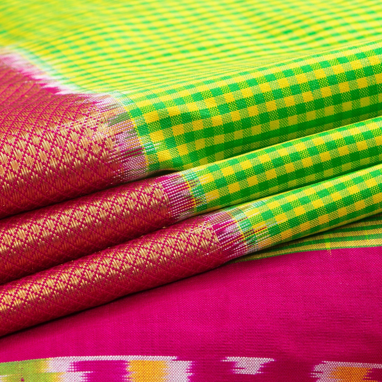 Green Pochampally Silk Saree With Pink Zari Border Handwoven Ikkat Pure Silk For Office Wear PIK 368 - Pochampally Silk - Panjavarnam PIK 368