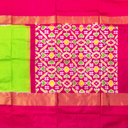 Green Pochampally Silk Saree With Pink Zari Border Handwoven Ikkat Pure Silk For Office Wear PIK 368 - Pochampally Silk - Panjavarnam PIK 368