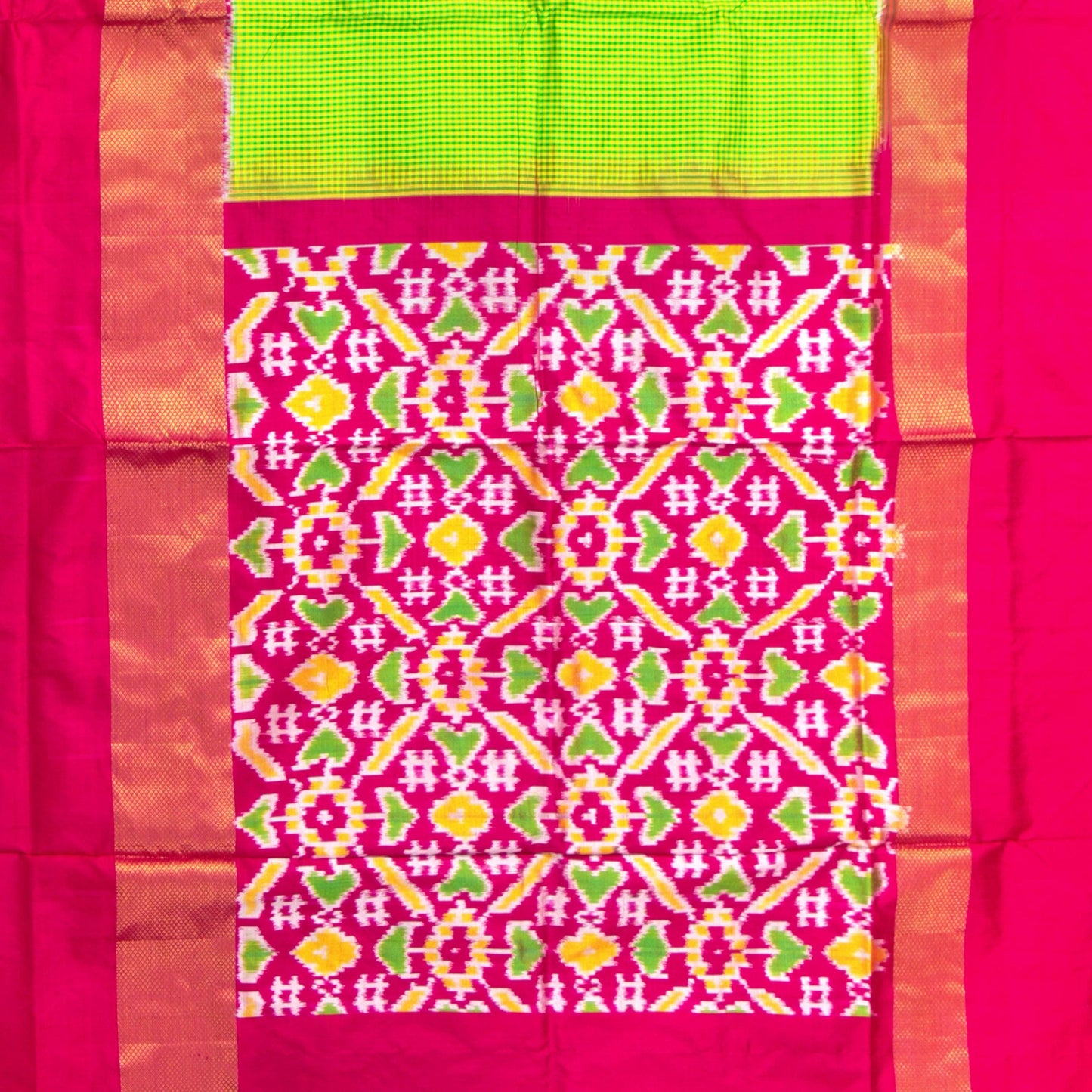 Green Pochampally Silk Saree With Pink Zari Border Handwoven Ikkat Pure Silk For Office Wear PIK 368 - Pochampally Silk - Panjavarnam PIK 368