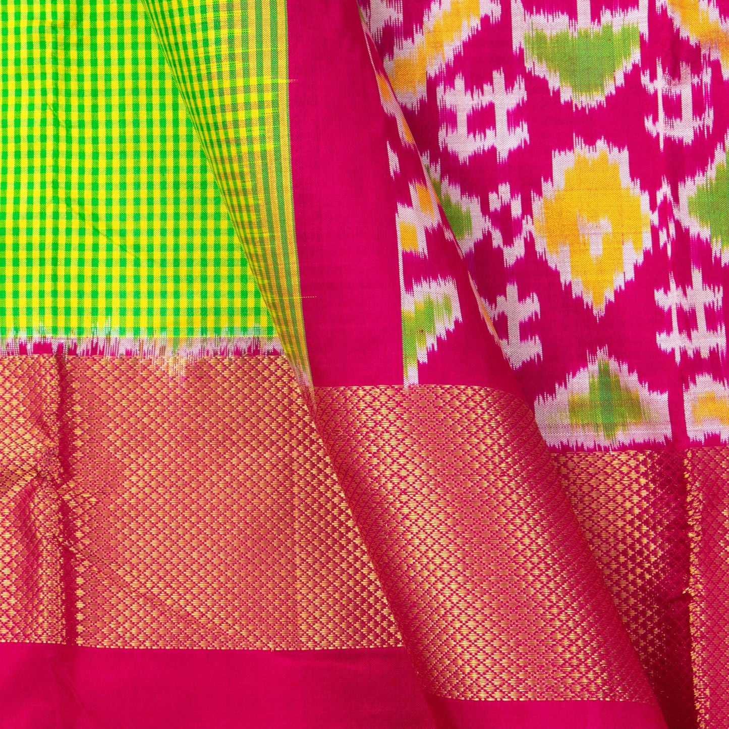 Green Pochampally Silk Saree With Pink Zari Border Handwoven Ikkat Pure Silk For Office Wear PIK 368 - Pochampally Silk - Panjavarnam PIK 368