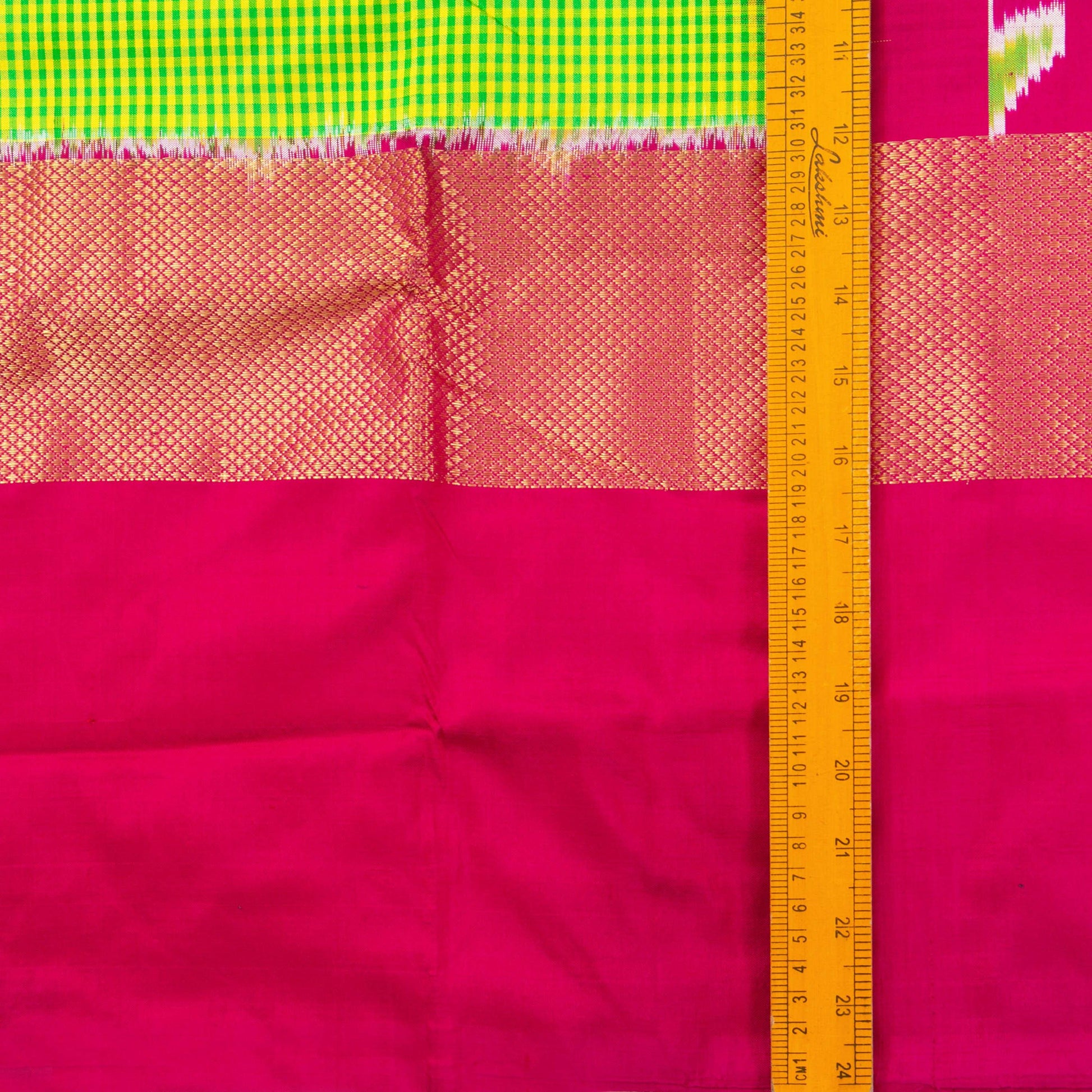 Green Pochampally Silk Saree With Pink Zari Border Handwoven Ikkat Pure Silk For Office Wear PIK 368 - Pochampally Silk - Panjavarnam PIK 368