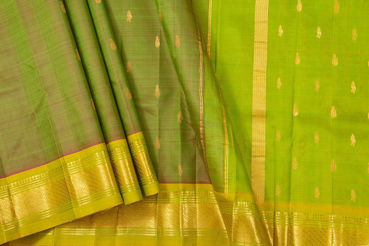 Green Thirubhuvanam Silk Saree With Single Side Short Border Handwoven Pure Silk For Festive Wear PV ABI 27 - Silk Sari - Panjavarnam PV ABI 27