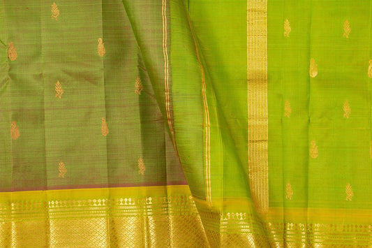 Green Thirubhuvanam Silk Saree With Single Side Short Border Handwoven Pure Silk For Festive Wear PV ABI 27 - Silk Sari - Panjavarnam PV ABI 27