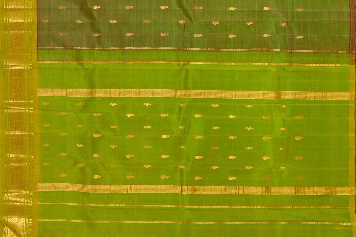 Green Thirubhuvanam Silk Saree With Single Side Short Border Handwoven Pure Silk For Festive Wear PV ABI 27 - Silk Sari - Panjavarnam PV ABI 27