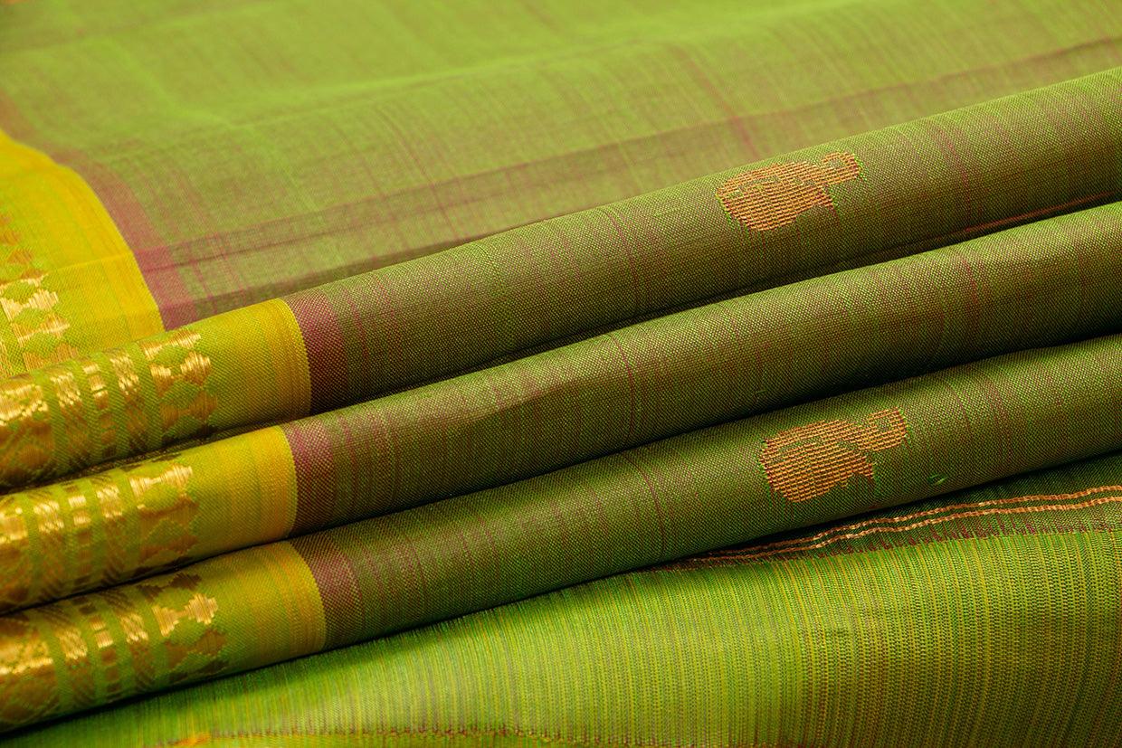 Green Thirubhuvanam Silk Saree With Single Side Short Border Handwoven Pure Silk For Festive Wear PV ABI 27 - Silk Sari - Panjavarnam PV ABI 27