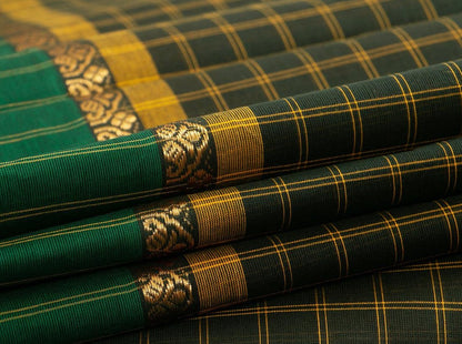 Green With Mustard Checks Chettinad Cotton Saree For Casual Wear PV CC 144 - Cotton Saree - Panjavarnam