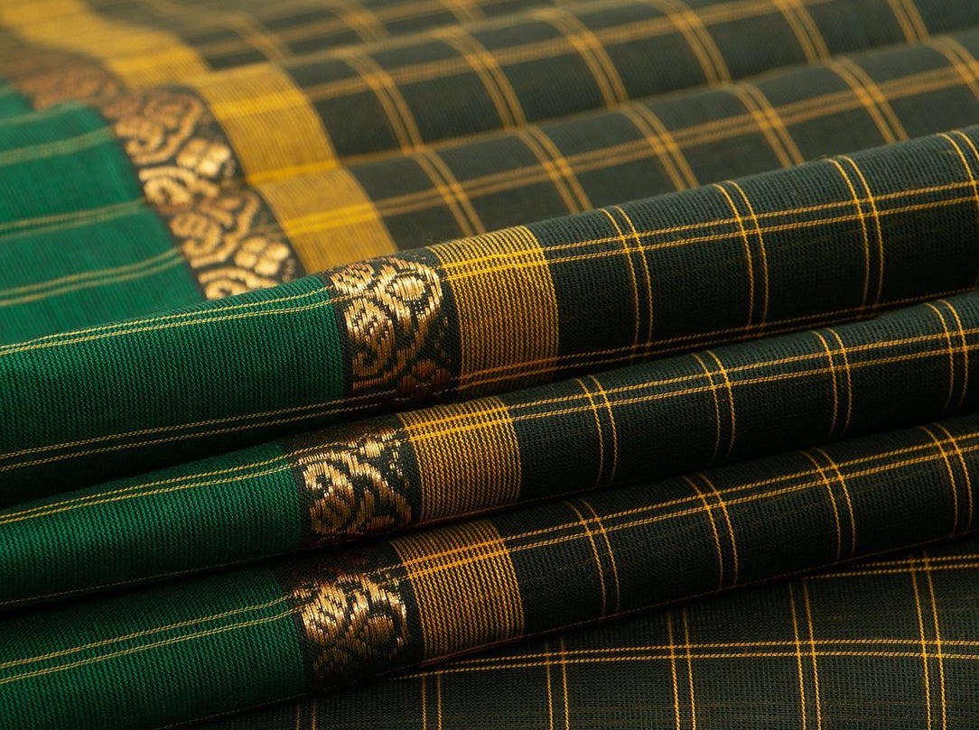 Green With Mustard Checks Chettinad Cotton Saree For Casual Wear PV CC 144 - Cotton Saree - Panjavarnam PV CC 144