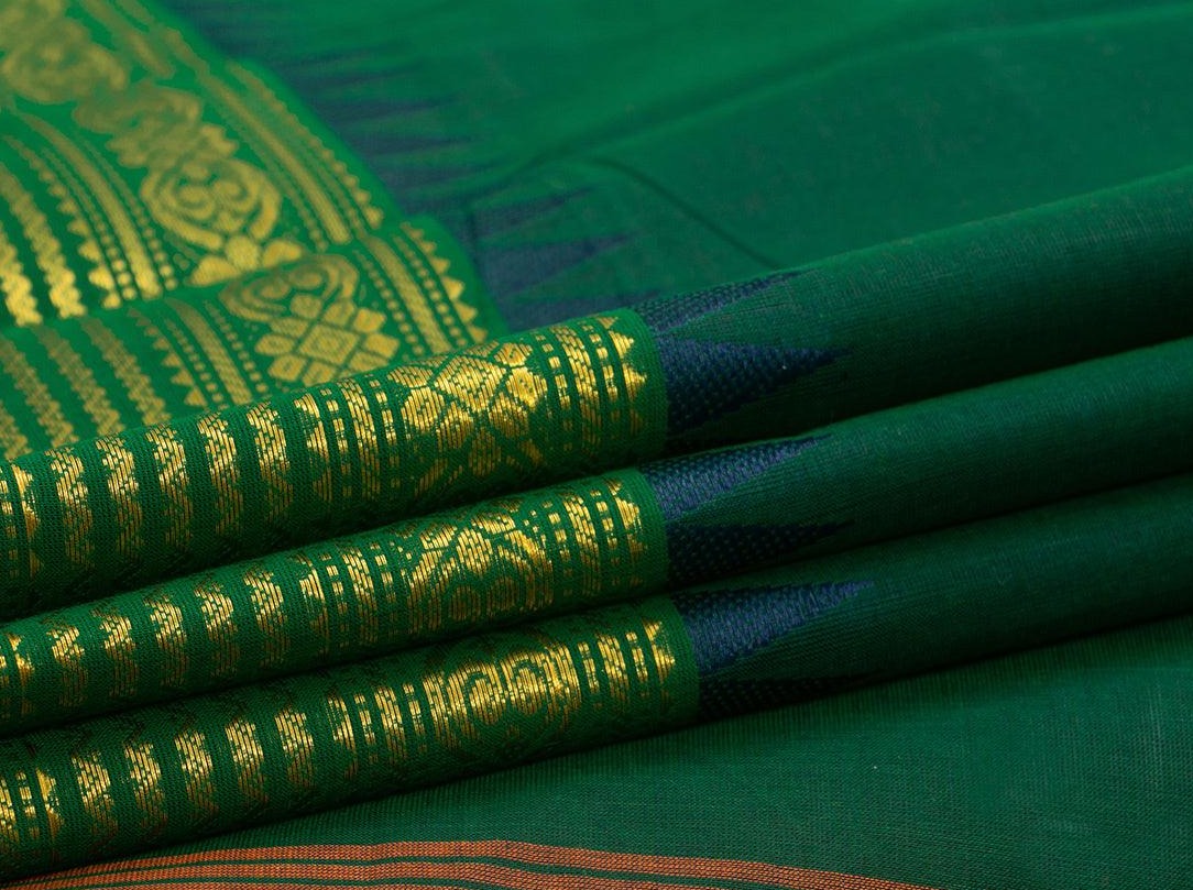 Green Zari Border Chettinad Cotton Saree For Casual Wear PV CC 148 - Cotton Saree - Panjavarnam