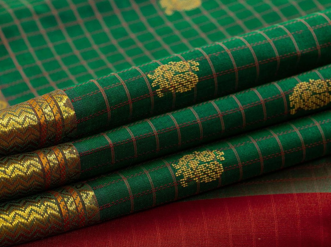 Green Zari Butta Kanchi Silk Cotton Saree With Gold Zari And Silk Thread Work Handwoven For Festive Wear PV KSC 1206 - Silk Cotton - Panjavarnam PV KSC 1206