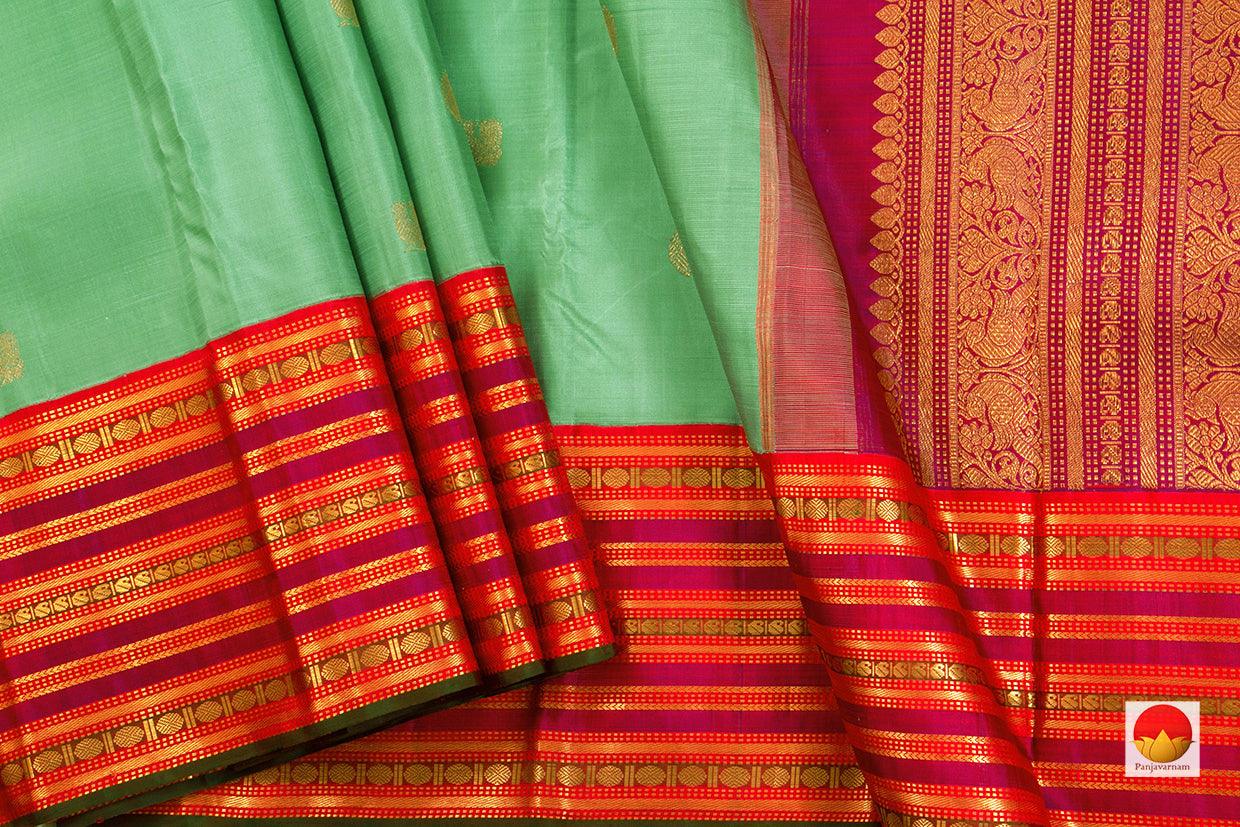 Green Zari Butta Kanchipuram Silk Saree With Red Korvai Border Handwoven Pure Silk Pure Zari For Weddings PV J 5638 - Silk Sari - Panjavarnam PV J 5638