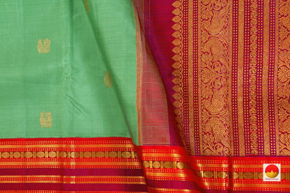 Green Zari Butta Kanchipuram Silk Saree With Red Korvai Border Handwoven Pure Silk Pure Zari For Weddings PV J 5638 - Silk Sari - Panjavarnam PV J 5638