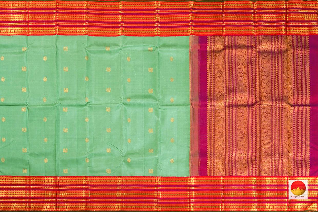 Green Zari Butta Kanchipuram Silk Saree With Red Korvai Border Handwoven Pure Silk Pure Zari For Weddings PV J 5638 - Silk Sari - Panjavarnam PV J 5638