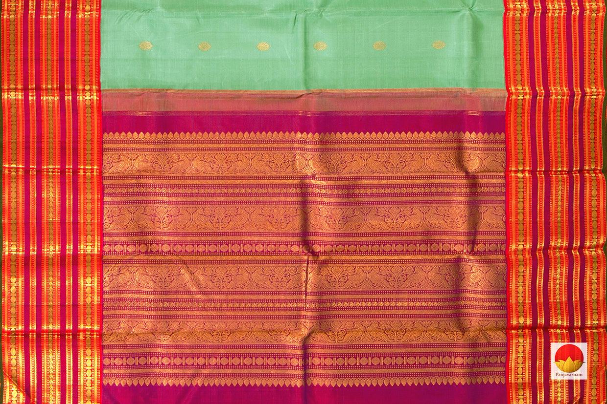 Green Zari Butta Kanchipuram Silk Saree With Red Korvai Border Handwoven Pure Silk Pure Zari For Weddings PV J 5638 - Silk Sari - Panjavarnam PV J 5638