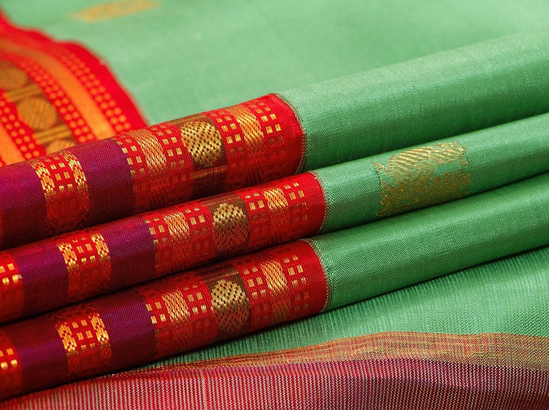 Green Zari Butta Kanchipuram Silk Saree With Red Korvai Border Handwoven Pure Silk Pure Zari For Weddings PV J 5638 - Silk Sari - Panjavarnam PV J 5638