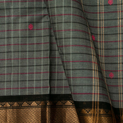 Grey And Black Kanchi Cotton Saree PV MM KC 299 - Cotton Saree - Panjavarnam PV MM KC 299