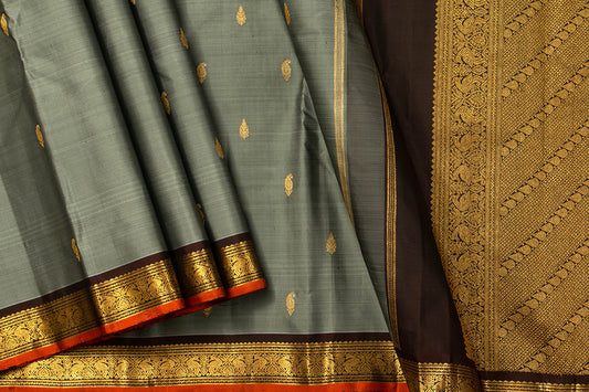 Grey And Brown Kanchipuram Silk Saree With Small Border Handwoven Pure Silk For Festive Wear PV J 564