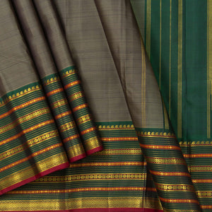 Grey And Green Kanjivaram Silk Saree With Medium Border Handwoven Pure Silk For Wedding Wear PV J 2933 - Silk Sari - Panjavarnam PV J 2933